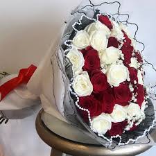 35 Red and White Roses Bouquet In Pink Wrap