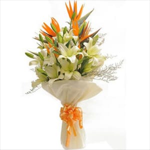 Beauty white lilis glass screen  tissue packing orange ribbon