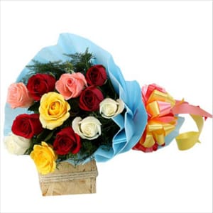 12 mix roses bouquet sky blue tissue Red yellow ribbon