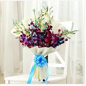 Orchid bouquet 10 mix blue purple colour green tissue packing Blue ribbon