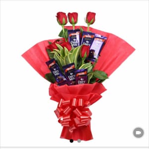 Red rose 6 & dairy milk chocolate 6 bouquet red tissue Red ribbon